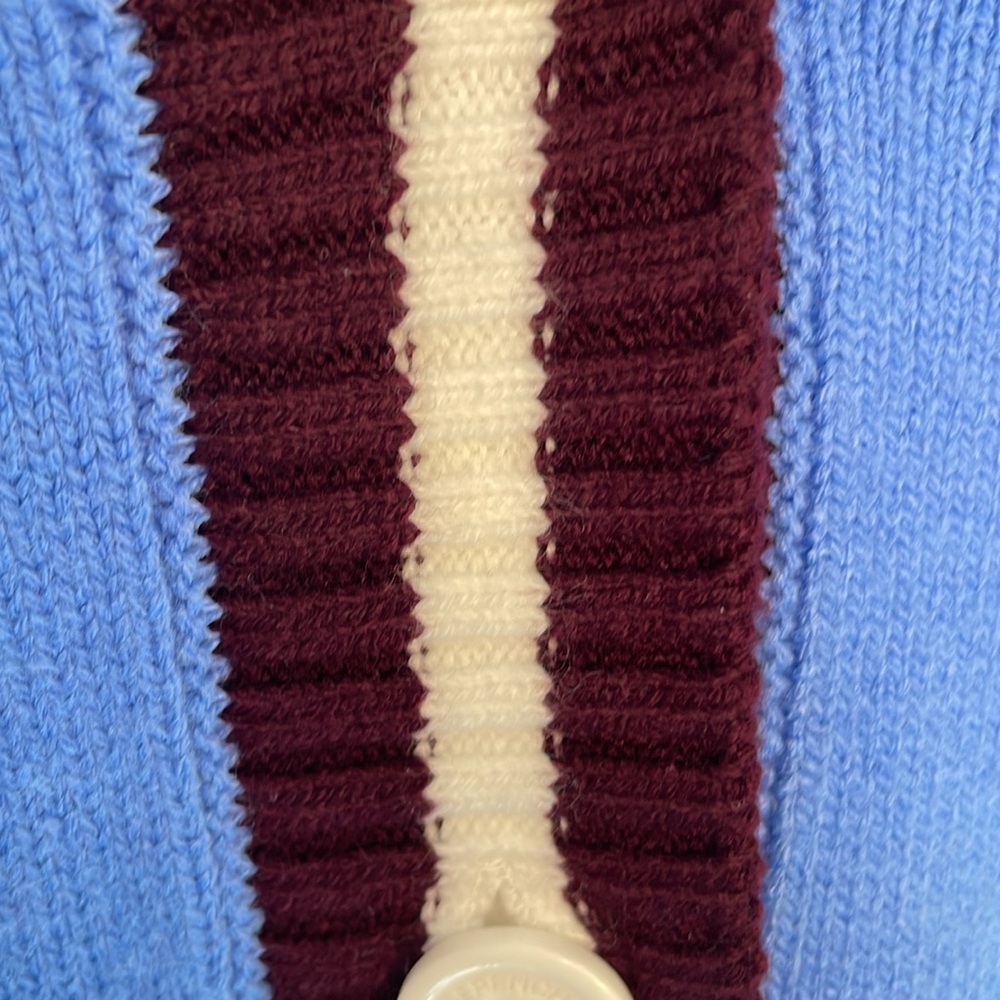 FRENCH CONNECTION VARSITY STYLE VNECK LONG SLEEVE RIB BOTTOM SWEATER BLUE SIZE L - Picture 8 of 13